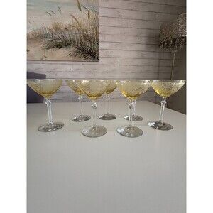 Vintage Fostoria June Etched Topaz Yellow Antique Set of 7 Champagne Sherbet 6"